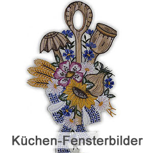 Fensterbild aus Plauener Spitze, Küchenmotiv auf weißem Hintergrund