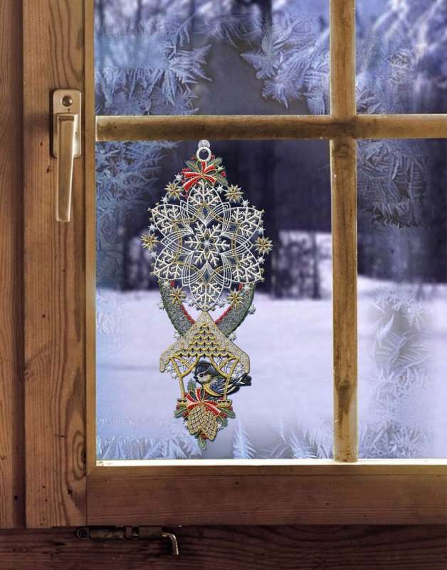 Winterfensterbild SCHNEEKRISTALL MIT VOGELHAUS inkl. Saughaken Winterdeko