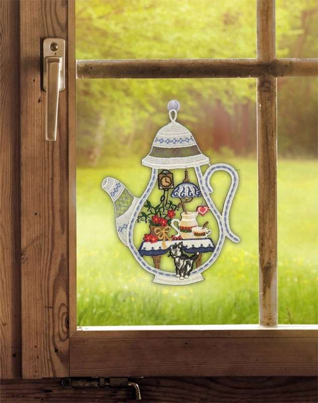 Fensterbild Kaffekanne mit Küche am Fenster