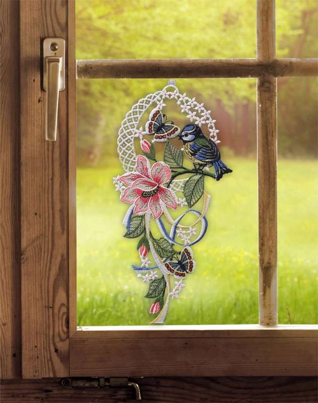 Fensterbild Frühlingsbote mit Mohnblüten und Blaumeise