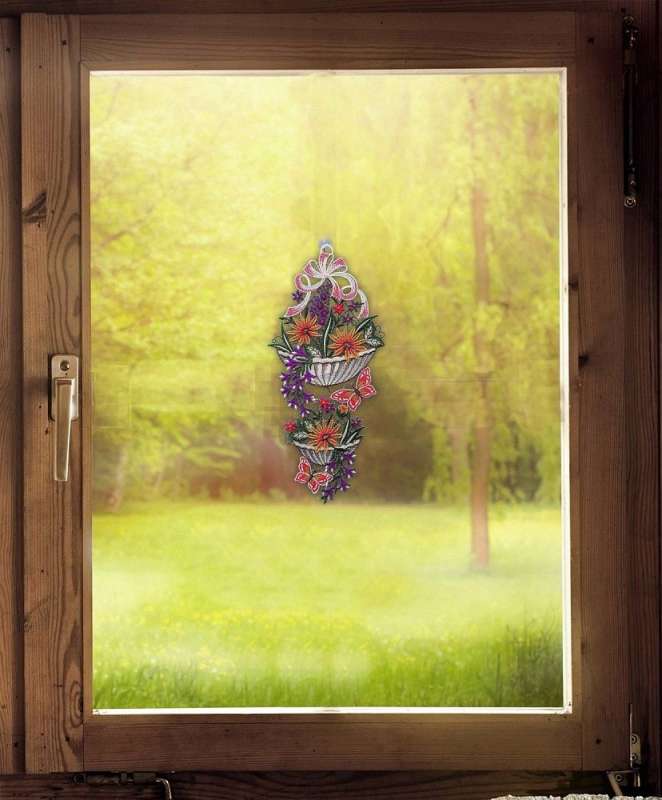 Fensterbild Blumenampel mit Schmetterlingen dekoriert