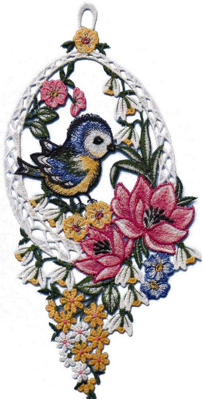 Fensterbild Vögelchen mit Blüten Detailbild