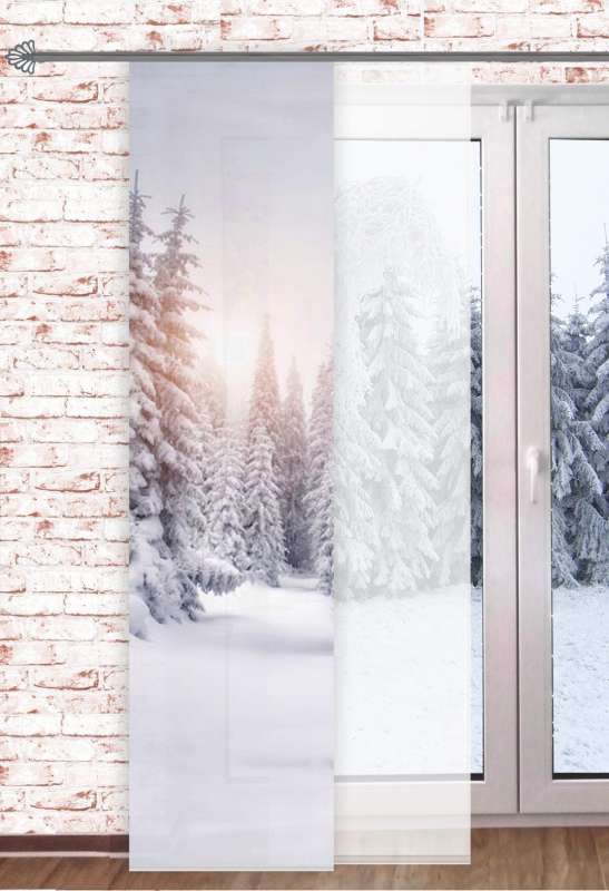 Flächengardine Winterwald kombiniert mit transparenter Fläche