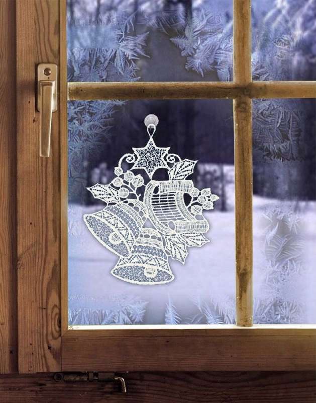 Weißes Fensterbild GLÖCKCHEN für Weihnachten einfarbig wollweiß Plauener Spitze