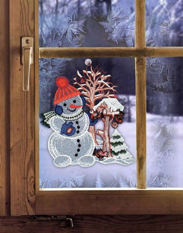 Winterfensterbild SCHNEEMANN AM VOGELHAUS Plauener Spitze inkl. Sauhaken
