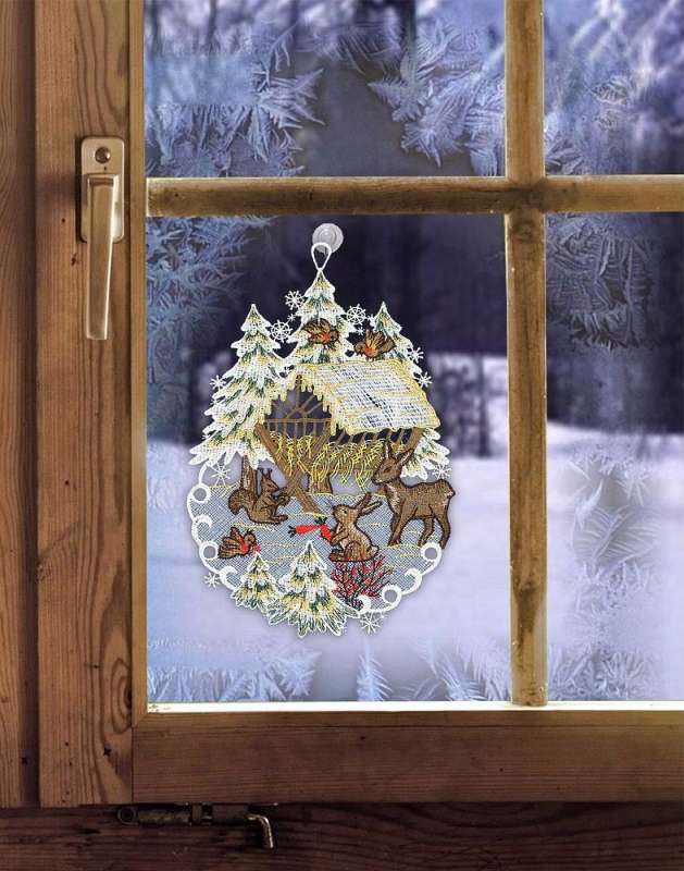 Fensterbild FUTTERKRIPPE Plauener Spitze Winterdekoration Weihnachtsdeko