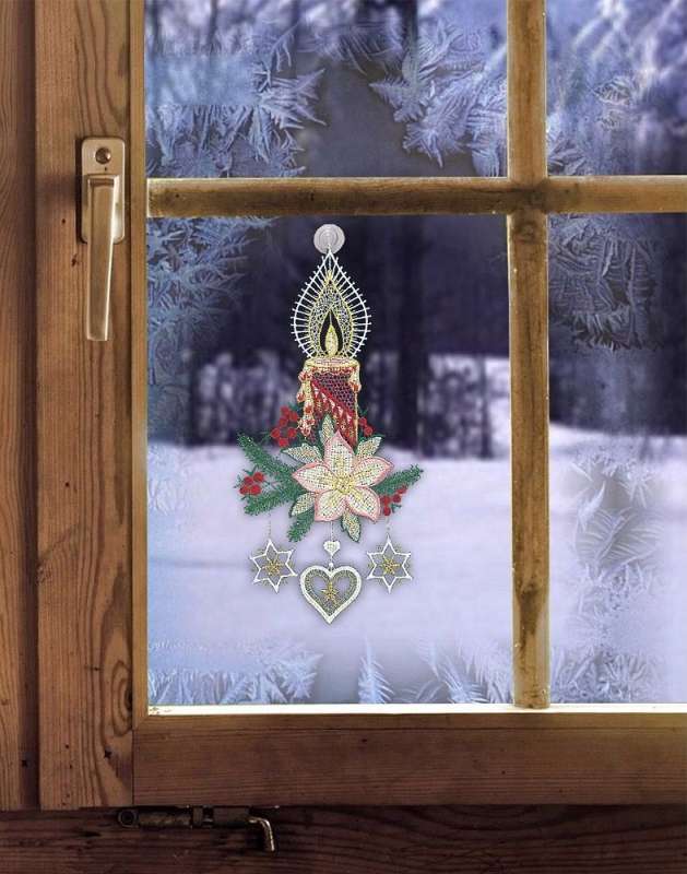 Fensterbild KLEINE ROTE KERZE aus Plauener Spitze inkl. Saughaken Weihnachtsdeko