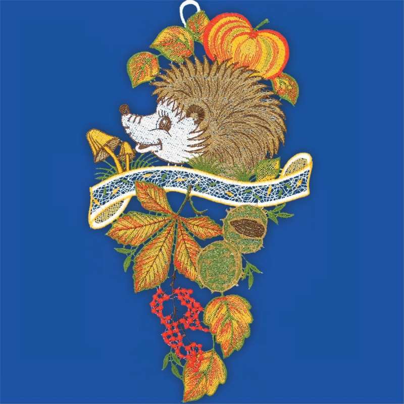 Herbstfensterbild Igel aus Plauener Stickerei