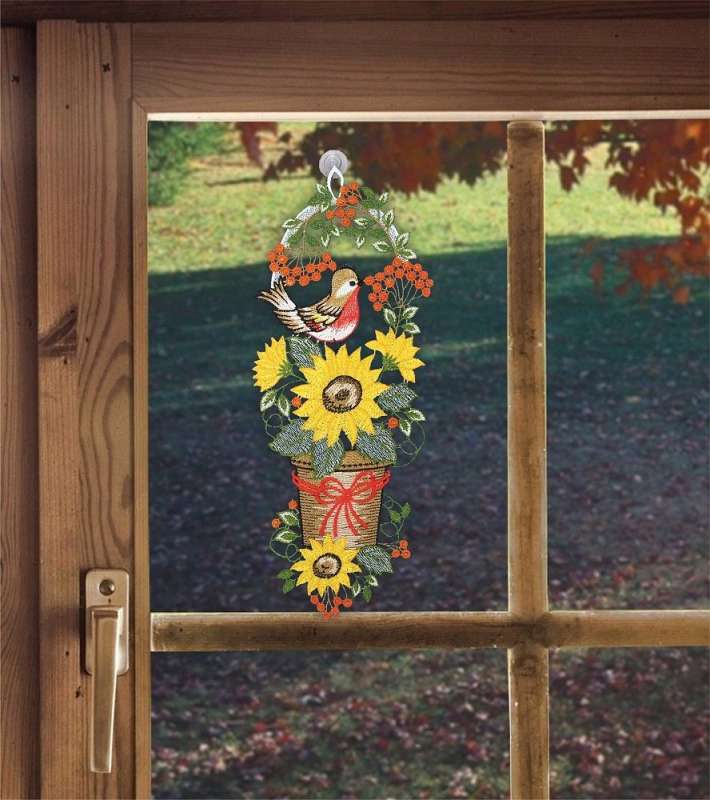Fensterbild Vogel mit Sonnenblumen Herbstdeko für das Fenster