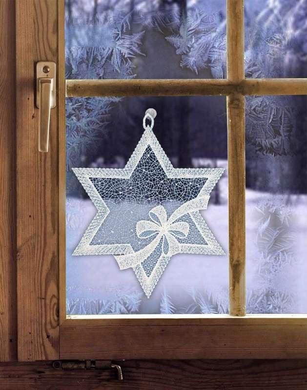 Fensterbilder Weihnachten STERN MIT SCHLEIFE silber Plauener Spitze