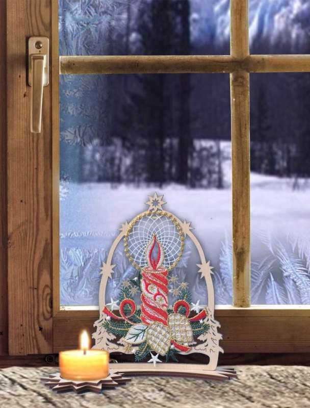 Teelichthalter Festliche Kerze Plauener Spitze - Holz Weihnachtsdeko Kerzenhalter