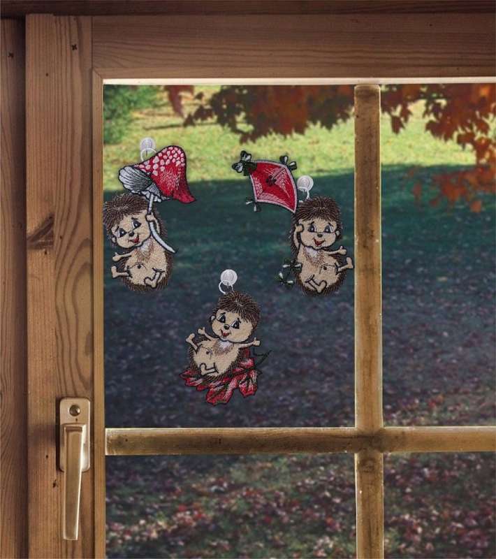 Fensterbilder 3er Set  für den Herbst Lustige Igel inkl. Saughaken Herbstdeko
