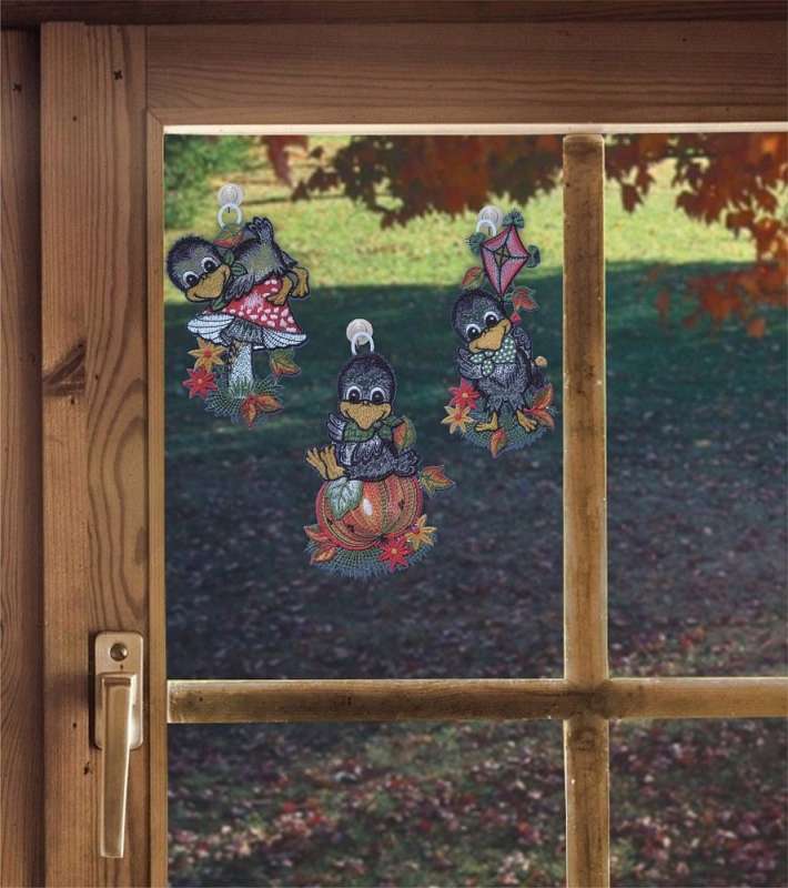 Fensterbilder 3er Set  für den Herbst Lustige Raben inkl. Saughaken Herbstdeko