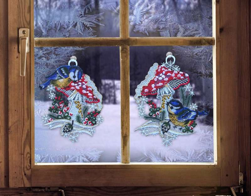 2er Set Weihnachtsfensterbilder MEISEN MIT PILZ Plauener Spitze Winterdeko