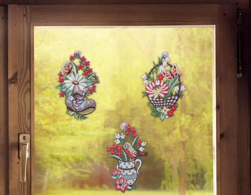 3er Set Fensterbilder Gartenzeit aus Plauener Spitze