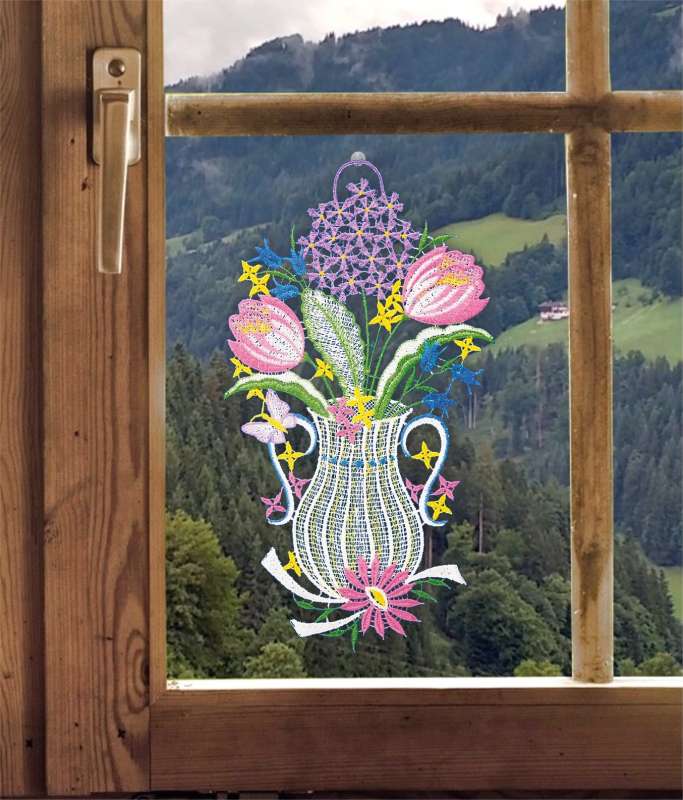 Fensterbild Vase mit Frühblühern Plauener Spitze