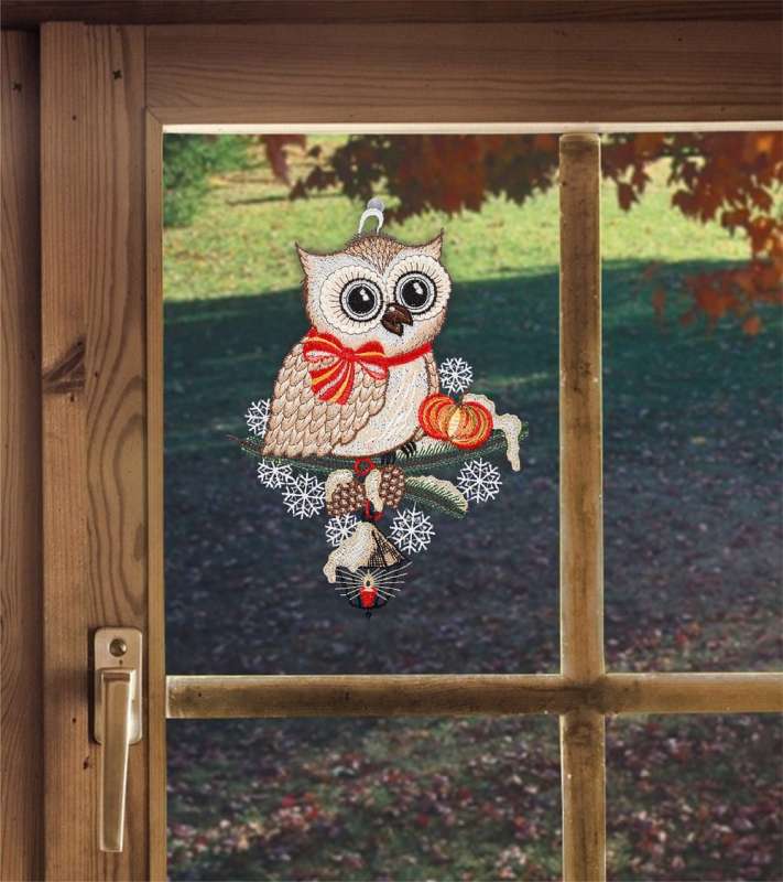 Fensterbild Eule aus Plauner Spitze Herbst- und Winterdeko