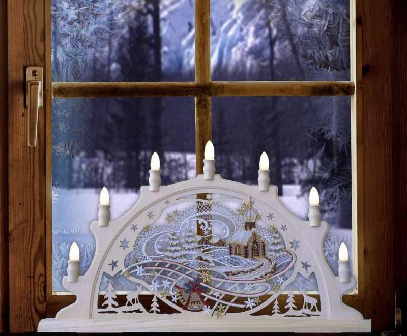 weihnachtliches Fensterbild aus Holz Stern mit Kirche Beleuchtetes LED
