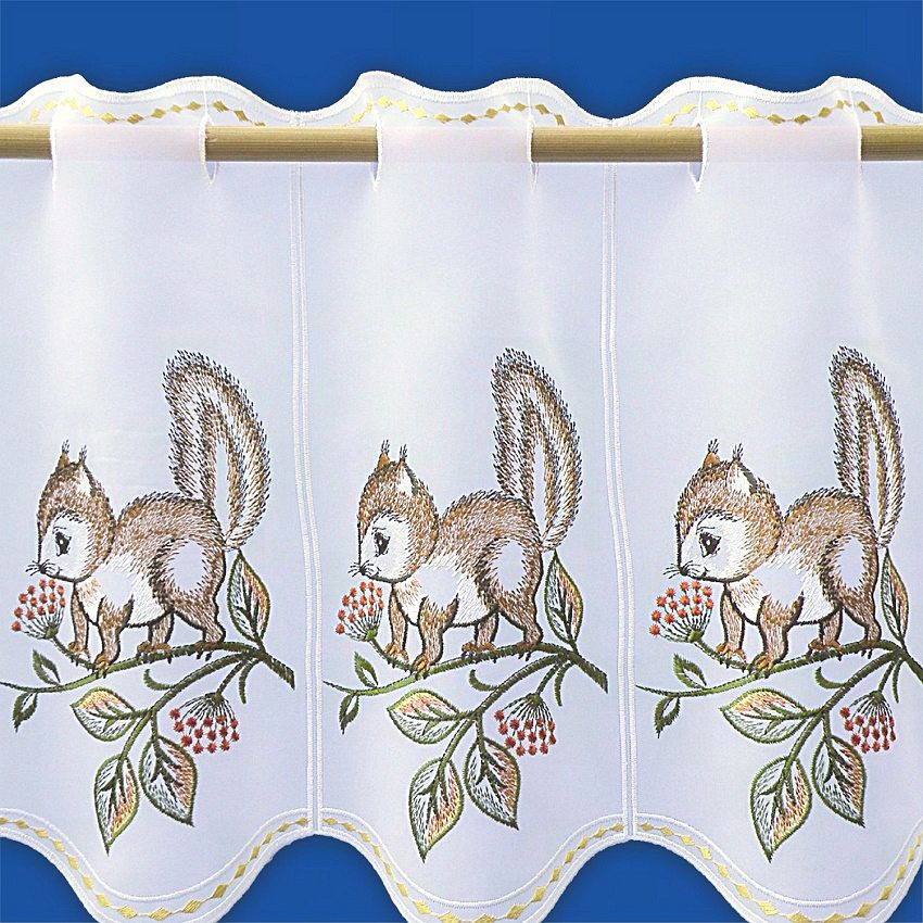 Gardinen-Welt Online Shop Stickereigardine Herbst Herbstdeko Scheibengardine - Plauener Spitze Eichhörnchen