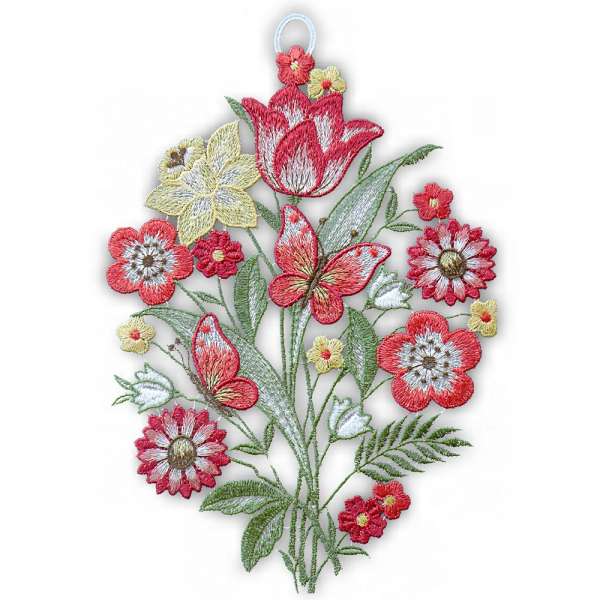 Fensterdeko für den Frühling aus Plauener Spitze mit roten Blüten