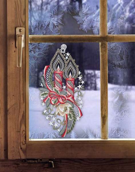 Fensterbild Weihnachten 2 KERZEN MIT SCHLEIFE aus Plauener Spitze inkl. Saugnapf