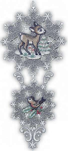 Fensterbild ZWEI SCHNEEKRISTALLE mit Reh und Vogel Plauener Spitze mit Sauger