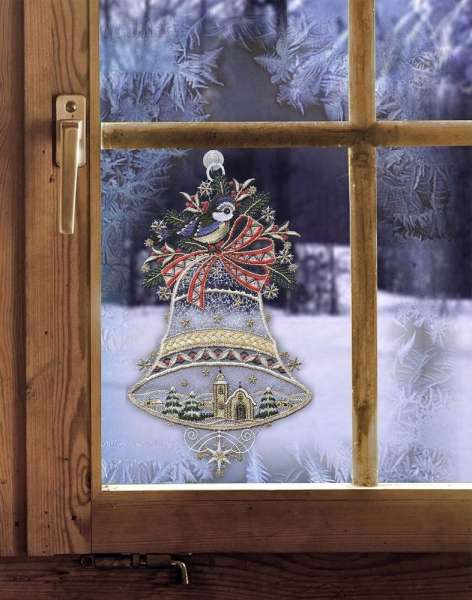 Winter-Weihnachts-Fensterbild GLOCKE MIT MEISE UND KIRCHE inkl. Saughaken