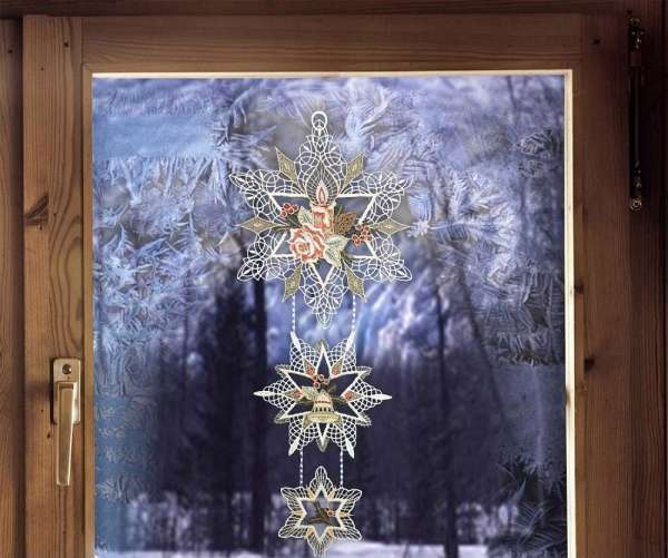 Fensterbild 3 STERNE ROT Weihnachtsgirlande Weihnachsdeko aus Plauener Spitze