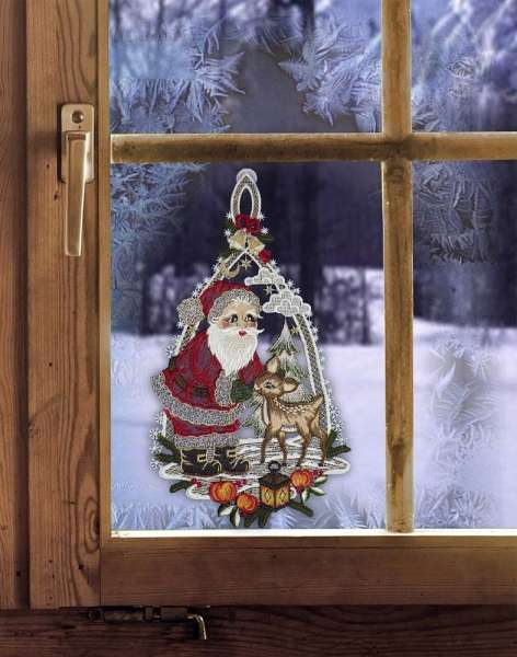 Fensterbild WEIHNACHTSMANN MIT REH Weihnachtsdeko Plauener Spitze mit Sauger