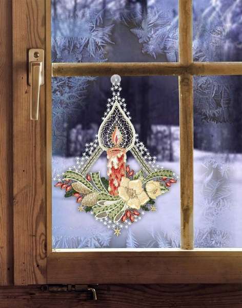 Fensterbild KERZE MIT HAGEBUTTEN Fensterdeko Weihnachten inkl. Saughaken