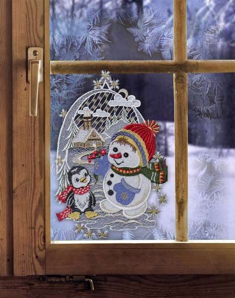 Fensterbild SCHNEEMANN MIT PINGUIN Kinder-Winterdekoration inkl. Sauger