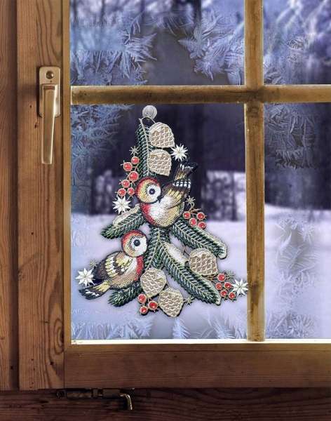 Fensterbild aus Plauener Spitze VÖGEL AUF TANNENZWEIG Weihnachtsdeko inkl.Saugnapf