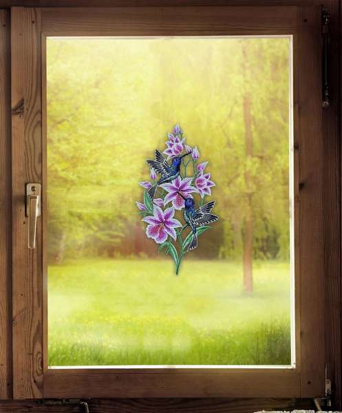 Dekobild Lilien und Kolibris als Fensterdeko
