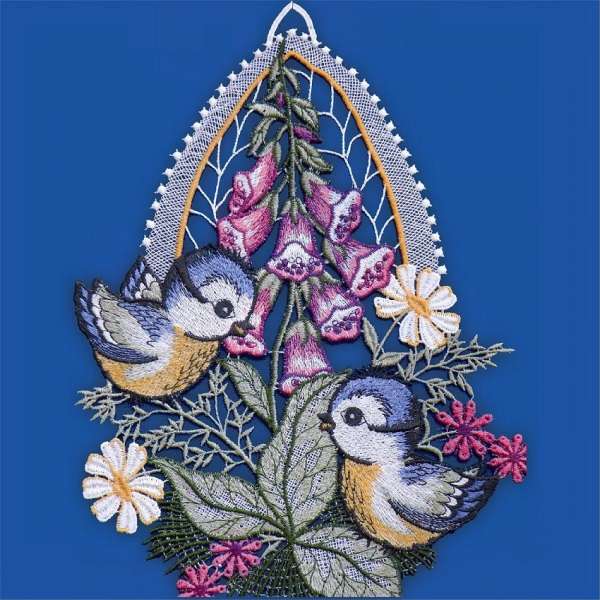 Fensterbild Blau-Meisen mit Blumen-Motiv