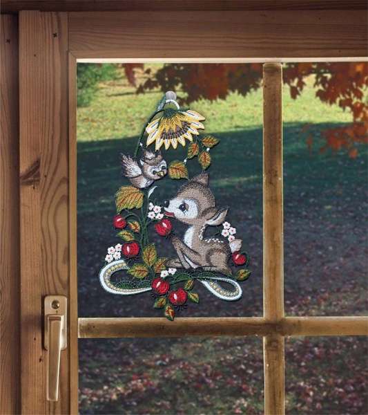 Herbstfensterbild Rehkitz mit Eule aus Plauener Spitze