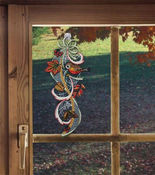 Herbstfensterbild Spatz mit Herbstblättern