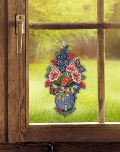Fensterbild Frühling mit Kanne und Blumenstrauß