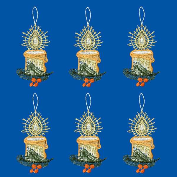 Baumbehang 6er Set KERZEN / Christbaumschmuck aus Plauener Spitze / Weihnachtsdeko