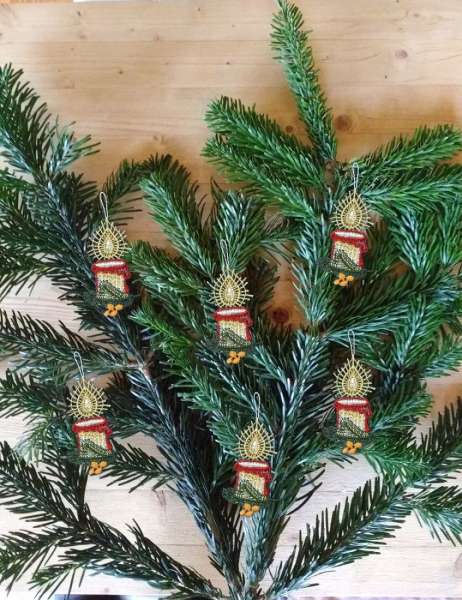 Baumbehang 6er Set KERZEN / Christbaumschmuck aus Plauener Spitze / Weihnachtsdeko