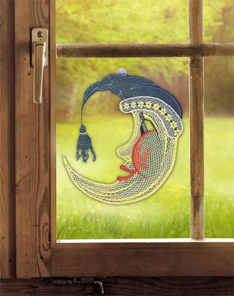 Fensterbild MOND aus echter Plauener Spitze 20 x 24 cm