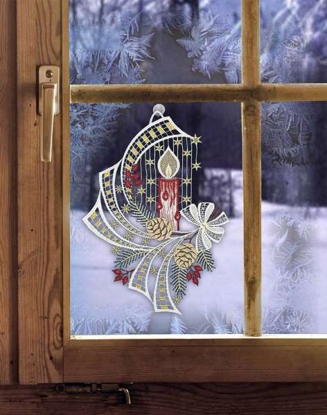Weihnachtsfensterbild KERZE MIT KRISTALLEN echte Plauener Spitze inkl. Saughaken