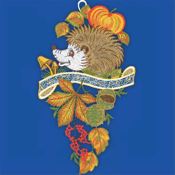 Herbstfensterbild Igel aus Plauener Stickerei