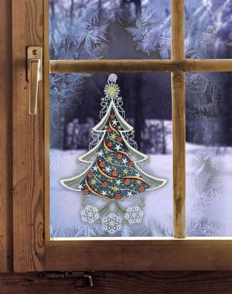 Fensterbild Weihnachtsbaum Weihnachtsdeko aus Plauener Spitze inkl. Saughaken