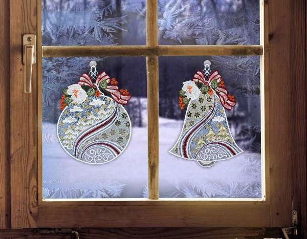 Fensterbilder KUGEL Weihnachtsdeko aus Plauener Spitze mit Saughaken