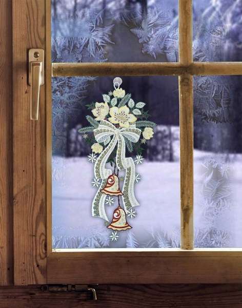 Weihnachtsfensterbild GLOCKENKLANG aus Plauener Spitze inkl. Saughaken
