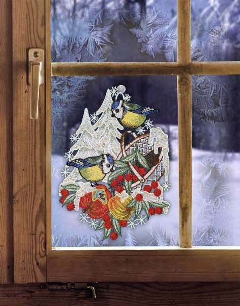 Fensterbild MEISEN IM WINTER Weihnachts-Winterdeko Plauener Spitze mit Sauger