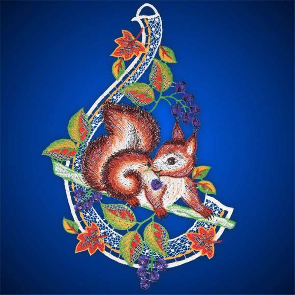 Spitzenbild Eichhörnchen Plauener Stickerei